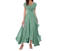WSEYU Cap Sleeve Mother of The Bride Groom Dresses Chiffon V Neck Formal Evening Grandmother Gowns Tea Length ZMKI355 Eucalyptus UK6