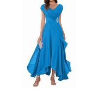 WSEYU Cap Sleeve Mother of The Bride Groom Dresses Chiffon V Neck Formal Evening Grandmother Gowns Tea Length ZMKI355 Blue UK10