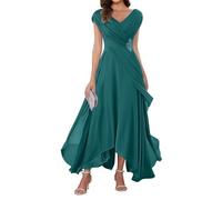 WSEYU Cap Sleeve Mother of The Bride Groom Dresses Chiffon V Neck Formal Evening Grandmother Gowns Tea Length ZMKI355 Teal UK10