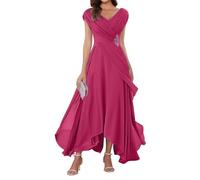 WSEYU Cap Sleeve Mother of The Bride Groom Dresses Chiffon V Neck Formal Evening Grandmother Gowns Tea Length ZMKI355 Fuchsia UK10