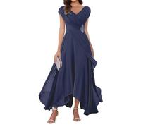 WSEYU Cap Sleeve Mother of The Bride Groom Dresses Chiffon V Neck Formal Evening Grandmother Gowns Tea Length ZMKI355 Navy Blue UK10