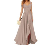 WSEYU Chiffon Bridesmaid Dresses for Juniors Off Shoulder Formal Evening Prom Party Maxi Gown with Slit Spaghetti Straps ZM017 Plus Size UK30 Taupe