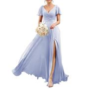 WSEYU Chiffon Long Pleated high Slit Formal Dress V-Neck Short Sleeves with Pockets Bridesmaid Dress Lavender UK18