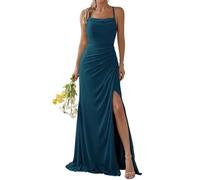 WSEYU Chiffon Long Slit Evening Gown Spaghetti Strap Square Neck Bridesmaid Dress Prom Dress Peacock UK16
