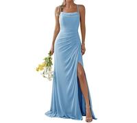WSEYU Chiffon Long Slit Evening Gown Spaghetti Strap Square Neck Bridesmaid Dress Prom Dress Sky Blue UK14