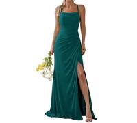 WSEYU Chiffon Long Slit Evening Gown Spaghetti Strap Square Neck Bridesmaid Dress Prom Dress Teal UK16