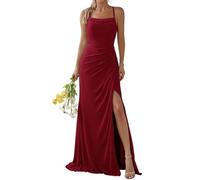 WSEYU Chiffon Long Slit Evening Gown Spaghetti Strap Square Neck Bridesmaid Dress Prom Dress Wine Red UK16