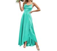 WSEYU Cowl Neck Satin Bridesmaid Dresses A Line Prom Dress Spaghetti Straps Formal Evening Party Gown with Slit ZMKI349 Turquoise UK26