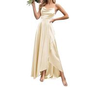 WSEYU Cowl Neck Satin Bridesmaid Dresses A Line Prom Dress Spaghetti Straps Formal Evening Party Gown with Slit ZMKI349 Champagne UK28