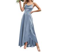 WSEYU Cowl Neck Satin Bridesmaid Dresses for Wedding with Slit Spaghetti Straps Formal Evening Prom Party Maxi Gown ZMKI349 Dusty Blue UK18