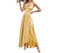 WSEYU Cowl Neck Satin Bridesmaid Dresses for Wedding with Slit Spaghetti Straps Formal Evening Prom Party Maxi Gown ZMKI349 Gold UK16