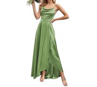 WSEYU Cowl Neck Satin Bridesmaid Dresses for Wedding with Slit Spaghetti Straps Formal Evening Prom Party Maxi Gown ZMKI349 Olive Green UK20