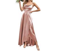WSEYU Cowl Neck Satin Bridesmaid Dresses for Wedding with Slit Spaghetti Straps Formal Evening Prom Party Maxi Gown ZMKI349 Dusty Rose UK20