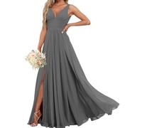 WSEYU Deep V-Neck Bridesmaid Dresses for Wedding Pleated Prom Dress Satin Formal Evening Party Gown with Slit Dark Grey UK24