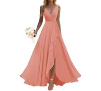 WSEYU Elegant A-Line Halter Evening Dresses Long Chiffon Sleeveless Plus Size Formal Prom Evening Dresses Peach UK24