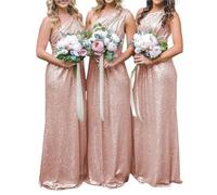 WSEYU Elegant Bridesmaid Dresses for Wedding with Sequin One Shoulder Sweep Train Formal Party Gowns Rose Gold UK16