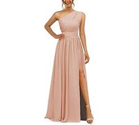 WSEYU Elegant One Shoulder Wedding Bridesmaid Dress for Juniors Teens Chiffon Evening Party Dress Blush Pink UK16