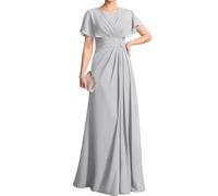 WSEYU Flutter Sleeve Mother of The Bride Groom Dresses Long Crew Neck Formal Evening Grandmother Gowns ZM318 Silver UK10
