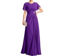 WSEYU Flutter Sleeve Mother of The Bride Groom Dresses Long Crew Neck Formal Evening Grandmother Gowns ZM318 Purple UK8