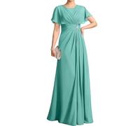 WSEYU Flutter Sleeve Mother of The Bride Groom Dresses Long Crew Neck Formal Evening Grandmother Gowns ZM318 Turquoise UK8
