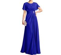 WSEYU Flutter Sleeves Lace Appliques Mother of The Bride Dresses for Wedding Chiffon Pleated Long Formal Evening Gowns Plus ZM318 UK32 Royal Blue