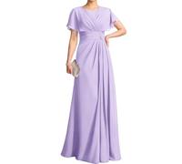 WSEYU Flutter Sleeves Lace Appliques Mother of The Bride Dresses for Wedding Chiffon Pleated Long Formal Evening Gowns Plus ZM318 UK32 Lilac