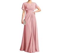 WSEYU Flutter Sleeves Lace Appliques Mother of The Bride Dresses for Wedding Chiffon Pleated Long Formal Evening Gowns Plus ZM318 UK32 Pink