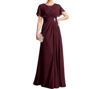 WSEYU Flutter Sleeves Lace Appliques Mother of The Bride Dresses for Wedding Chiffon Pleated Long Formal Evening Gowns Plus ZM318 UK32 Burgundy