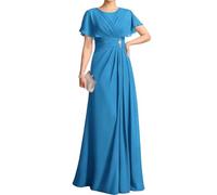 WSEYU Flutter Sleeves Lace Appliques Mother of The Bride Dresses for Wedding Chiffon Pleated Long Formal Evening Gowns Plus ZM318 UK32 Blue