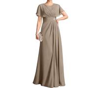 WSEYU Flutter Sleeves Lace Appliques Mother of The Bride Dresses for Wedding Chiffon Pleated Long Formal Evening Gowns Plus ZM318 UK30 Taupe