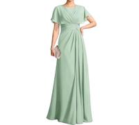 WSEYU Flutter Sleeves Lace Appliques Mother of The Bride Dresses for Wedding Chiffon Pleated Long Formal Evening Gowns Plus ZM318 UK32 Mint Green