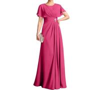 WSEYU Flutter Sleeves Lace Appliques Mother of The Bride Dresses for Wedding Chiffon Pleated Long Formal Evening Gowns Plus ZM318 UK32 Hot Pink