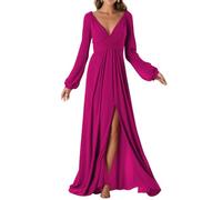WSEYU Full Sleeve Bridesmaid Dresses with Slit V Neck A-Line Chiffon Evening Party Gowns Plus Size Hot Pink UK22