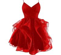 WSEYU Glitter Tulle Spaghetti Straps Short Homecoming Dresses for Teens Tiered Mini Cocktail Dresses Red UK12