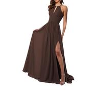 WSEYU Halter Neck Chiffon Bridesmaid Dress Long Slit Cutout A Line Sleeveless Ruched Lace Formal Evening Gown Brown UK8
