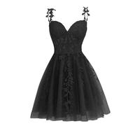 WSEYU Junior's Spaghetti Straps Tulle Homecoming Dresses Short Lace Applique Prom Cocktail Dress 2023 for Teens Black UK6