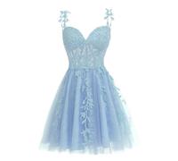 WSEYU Junior's Spaghetti Straps Tulle Homecoming Dresses Short Lace Applique Prom Cocktail Dress 2023 for Teens Light Blue UK8