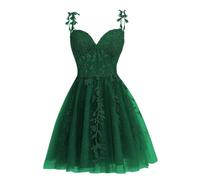 WSEYU Junior's Spaghetti Straps Tulle Homecoming Dresses Short Lace Applique Prom Cocktail Dress 2023 for Teens Emerald Green UK10
