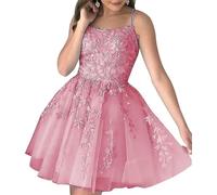 WSEYU Lace Applique Homecoming Dresses for Teens Short Tulle Bridesmaid Graduation Cocktail Party Prom Gown ZM279 Dusty Pink UK8