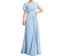 WSEYU Lace Appliques Mother of The Bride Dresses for Wedding Guest Crew Neck Maxi Formal Evening Party Gown ZM318 Light Blue UK24