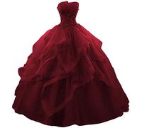 WSEYU Long Ruffles Ball Gown Quinceanera Dresses Strapless Lace Tulle Beaded Princess Evening Gown Burgundy UK12