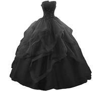 WSEYU Long Ruffles Ball Gown Quinceanera Dresses Strapless Lace Tulle Beaded Princess Evening Gown Black UK16