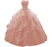 WSEYU Long Ruffles Ball Gown Quinceanera Dresses Strapless Lace Tulle Beaded Princess Evening Gown Dusty Rose UK6