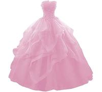 WSEYU Long Ruffles Ball Gown Quinceanera Dresses Strapless Lace Tulle Beaded Princess Evening Gown Pink UK6