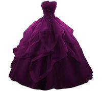 WSEYU Long Ruffles Ball Gown Quinceanera Dresses Strapless Lace Tulle Beaded Princess Evening Gown Plum UK6