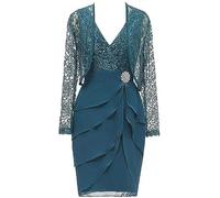 WSEYU Mother of The Bride Groom Dresses Knee Length Lace Evening Dress Long Sleeves Formal Mothers Dresses with Jacket ZM047 Teal Blue UK8
