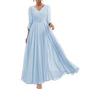 WSEYU Mother of The Bride Groom Dresses with Beaded Belt Long Sleeve Evening Formal Prom Gowns for Wedding Light Blue UK18