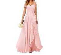 WSEYU Off Shoulder Bridesmaid Dresses for Wedding Chiffon Prom Dresses Long Formal Evening Gown with Slit Blush Pink UK10