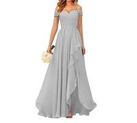 WSEYU Off Shoulder Bridesmaid Dresses for Wedding Chiffon Prom Dresses Long Formal Evening Gown with Slit Silver UK8