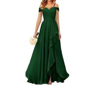 WSEYU Off Shoulder Bridesmaid Dresses for Wedding Chiffon Prom Dresses Long Formal Evening Gown with Slit Emerald Green UK8